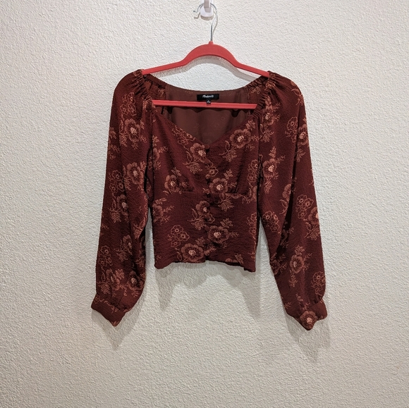 Madewell Floral Button Front Long Sleeve Crop Top Brown Boho Blouse Size Small - Picture 3 of 12